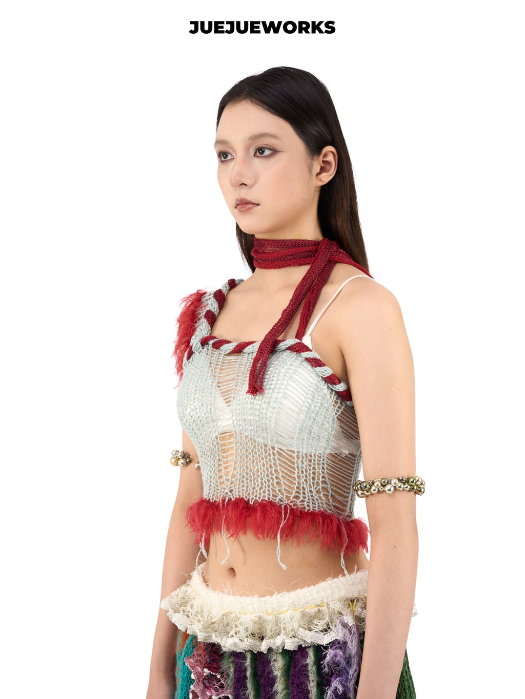 JUEJUEWORKS Blue Red Rambutan Asymmetric Cami, Original High Stretch Handmade Yarn Knit Top