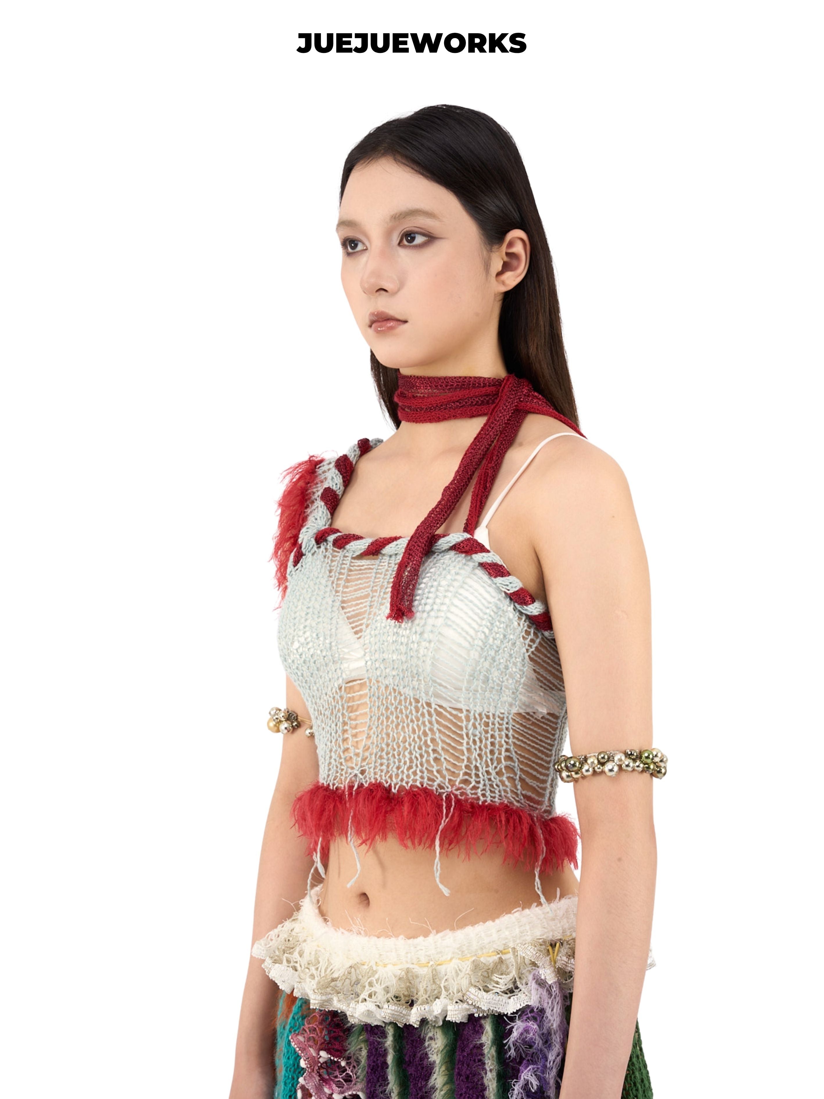JUEJUEWORKS Blue Red Rambutan Asymmetric Cami, Original High Stretch Handmade Yarn Knit Top