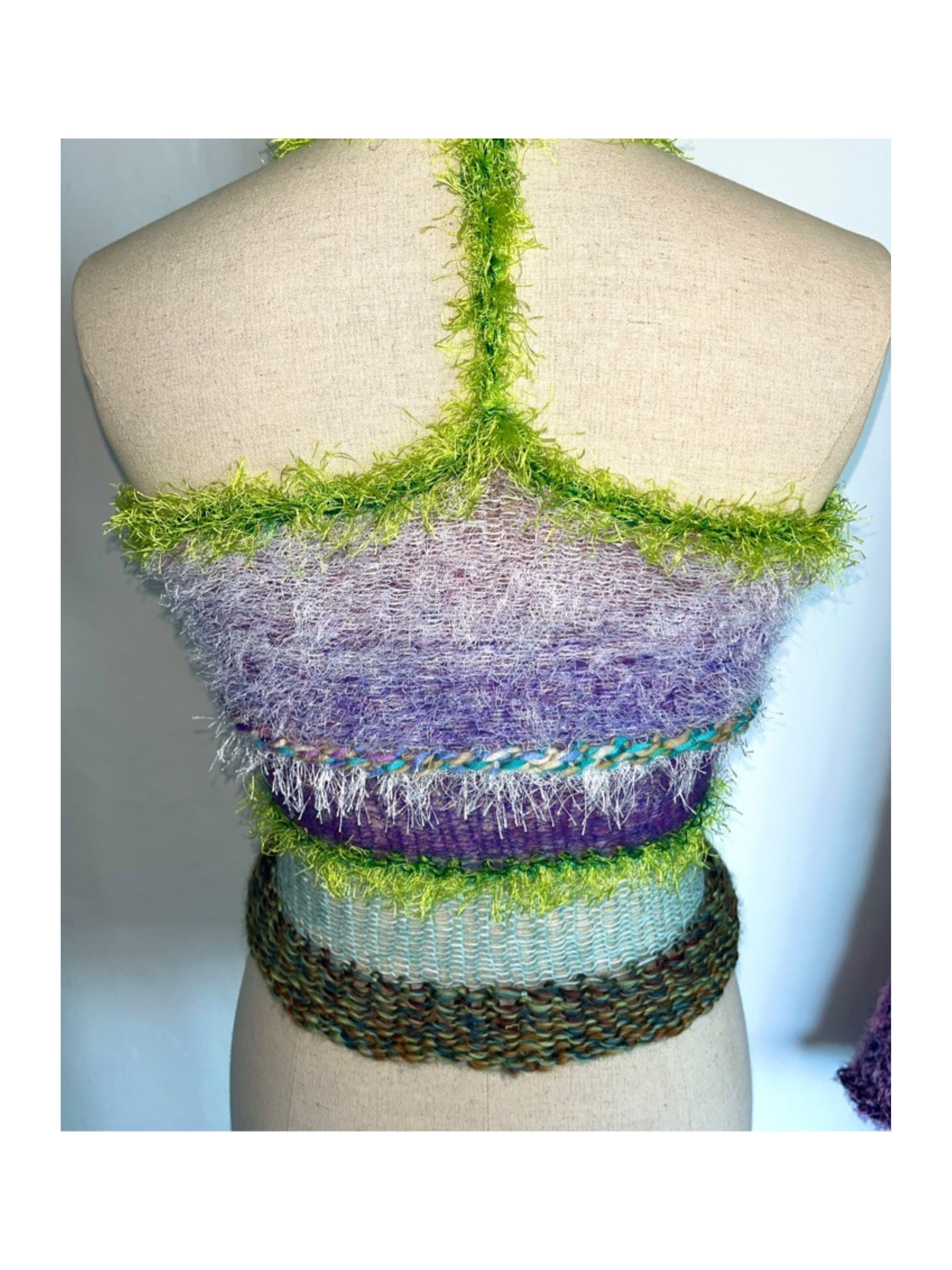 JUEJUEWORKS Green Fuzzy Fringe Trim Knit Cami, Pastel Purple Floral Textured Handmade Knit Crop Top