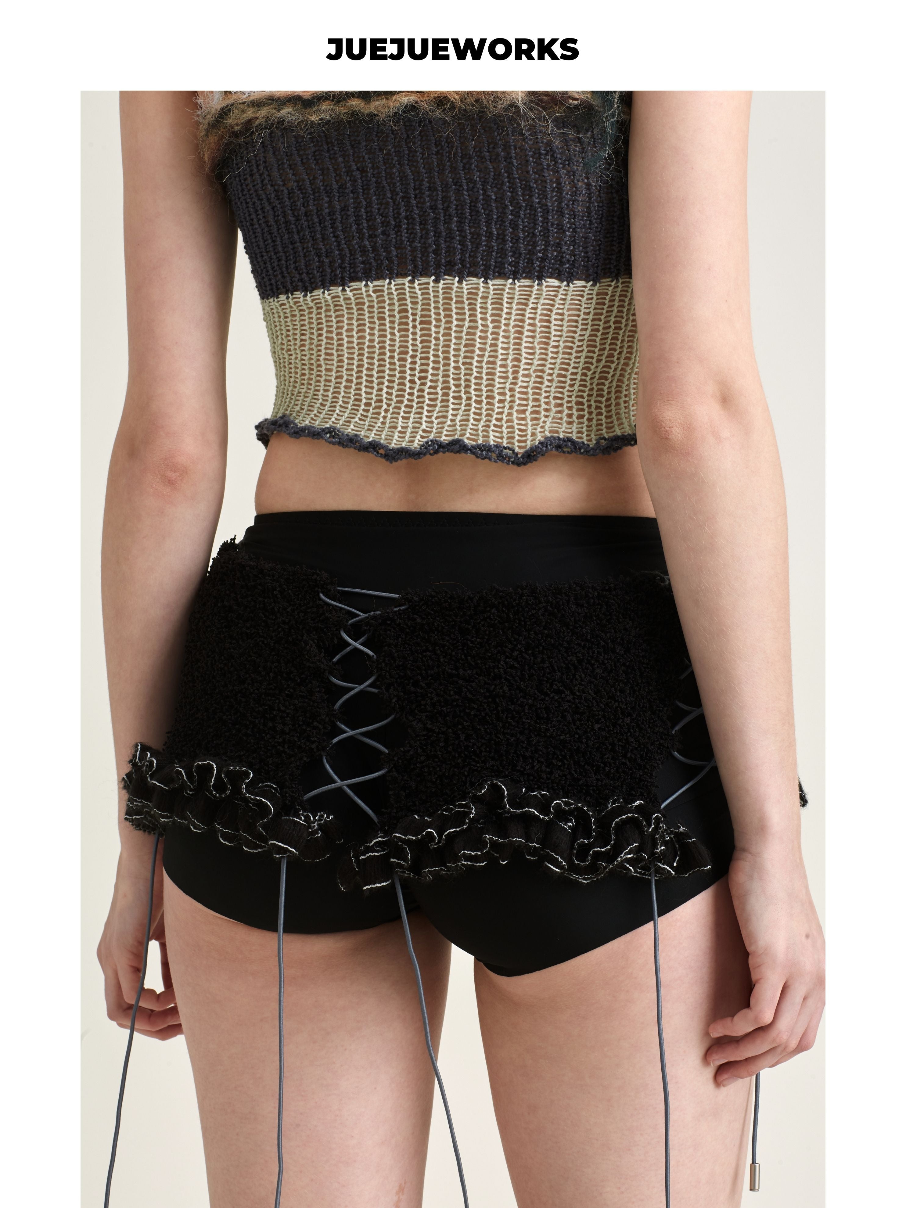 JUEJUEWORKS Black Knit Waist Cincher, Original Spring Outfit Inspo High-Stretch Handmade Yarn Knit