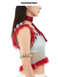 JUEJUEWORKS Blue Red Rambutan Asymmetric Cami, Original High Stretch Handmade Yarn Knit Top
