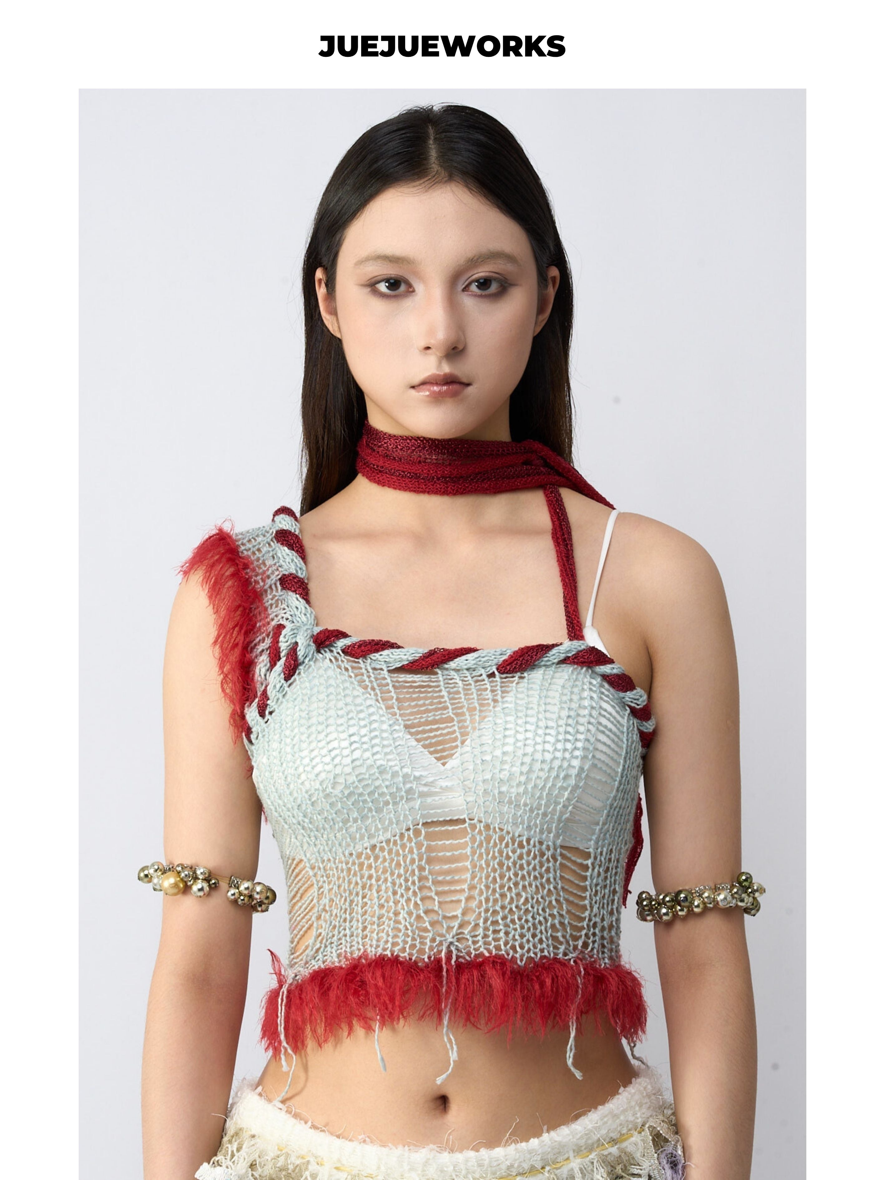 JUEJUEWORKS Blue Red Rambutan Asymmetric Cami, Original High Stretch Handmade Yarn Knit Top