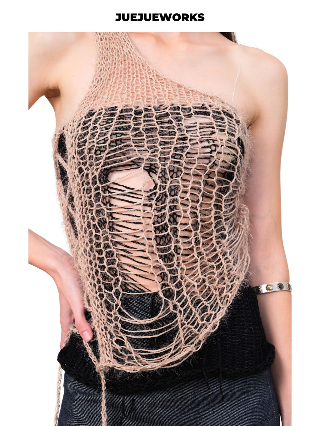 JUEJUEWORKS One Shoulder Mesh Knit Tank Top, Adjustable Drawstring High Stretch Handmade Knit Cami for Spring