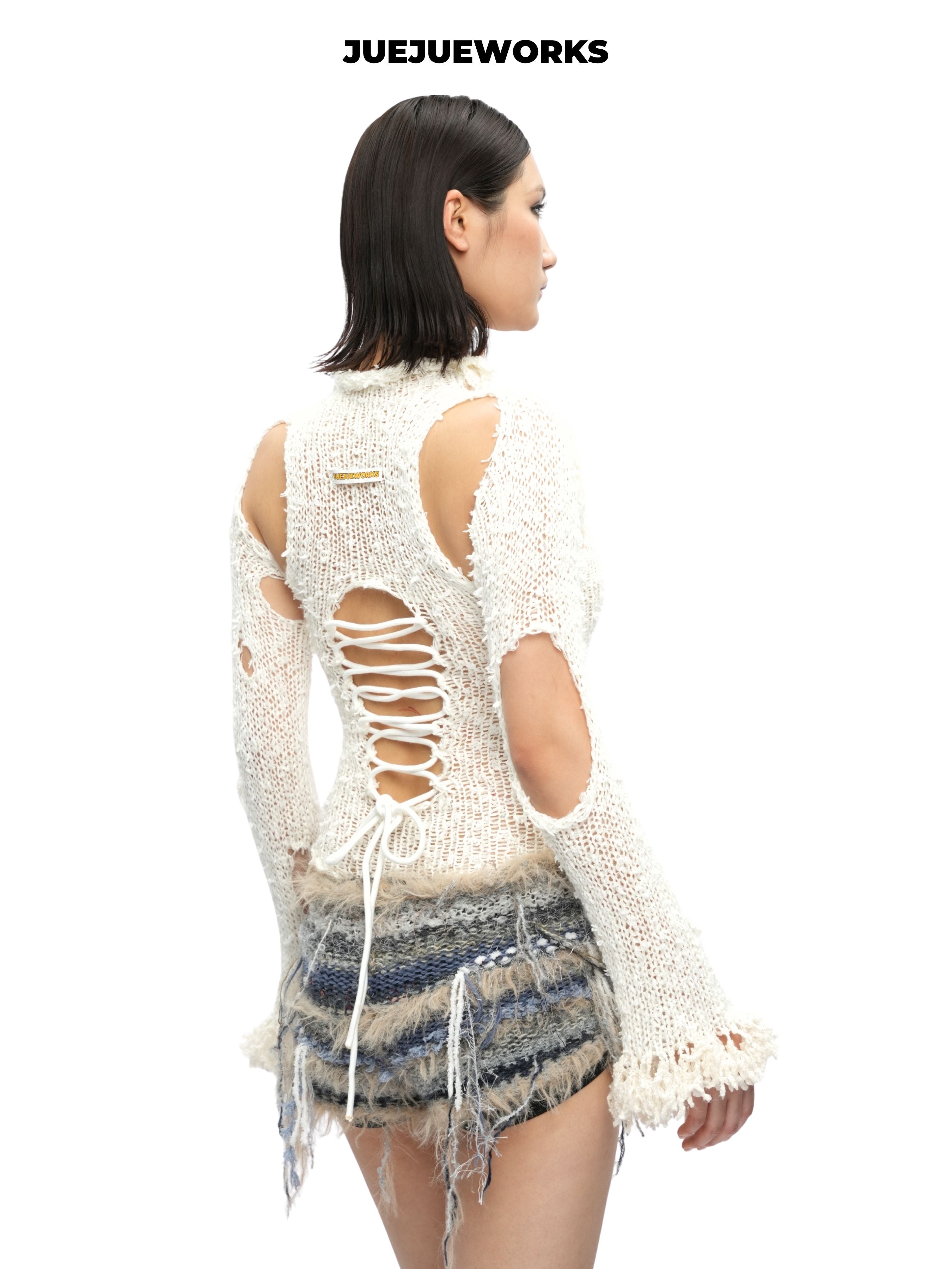 JUEJUEWORKS White Distressed Cutout Lace-Up Long Sleeve Top, Autumn Winter Asymmetric Handmade Yarn Knit Top