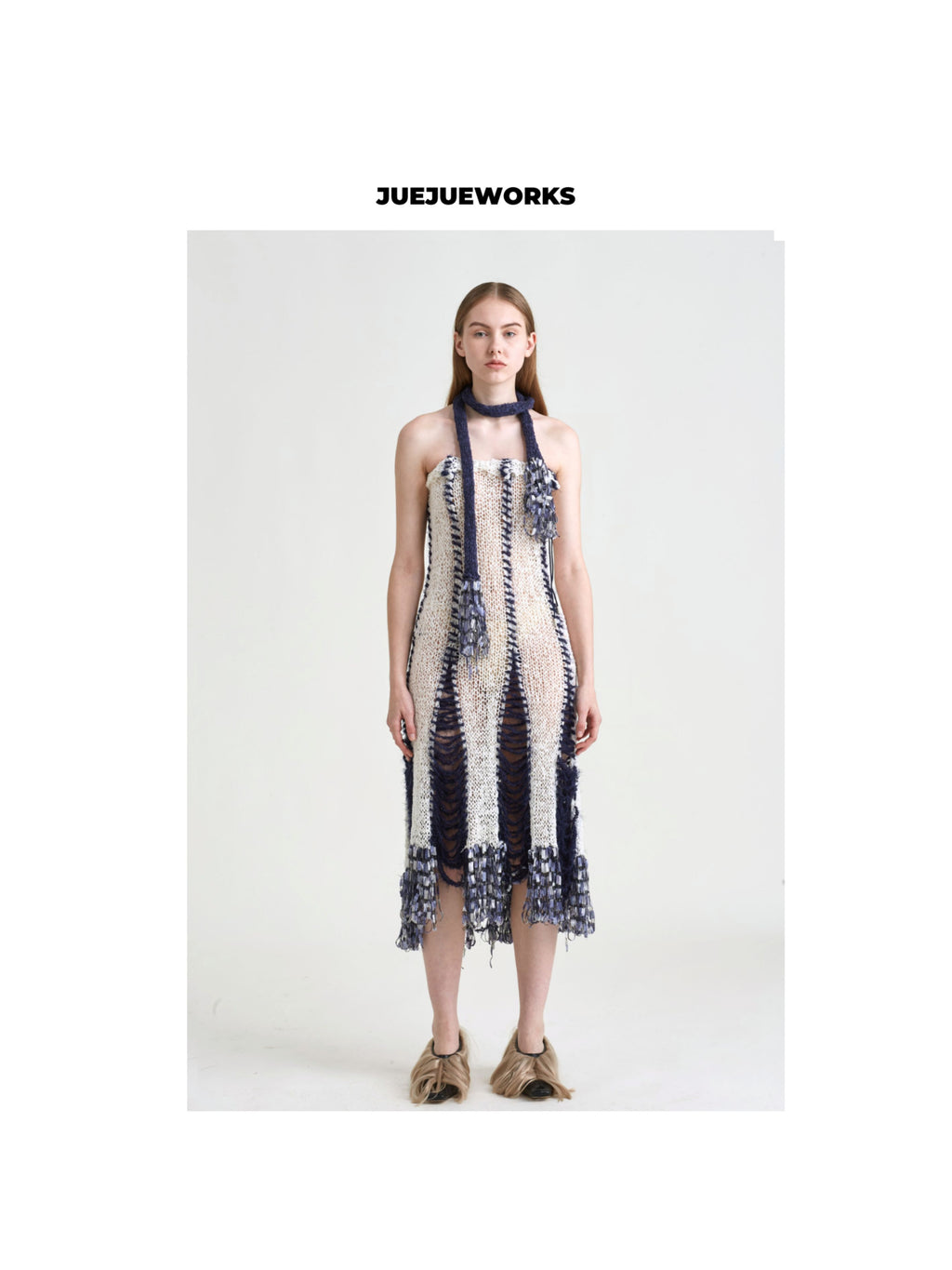 JUEJUEWORKS Convertible Knit White Midi Dress with Detachable Scarf, Patchwork Hollow Out Handmade Knit Multi-Wear Skirt