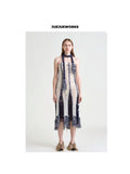 JUEJUEWORKS Convertible Knit White Midi Dress with Detachable Scarf, Patchwork Hollow Out Handmade Knit Multi-Wear Skirt