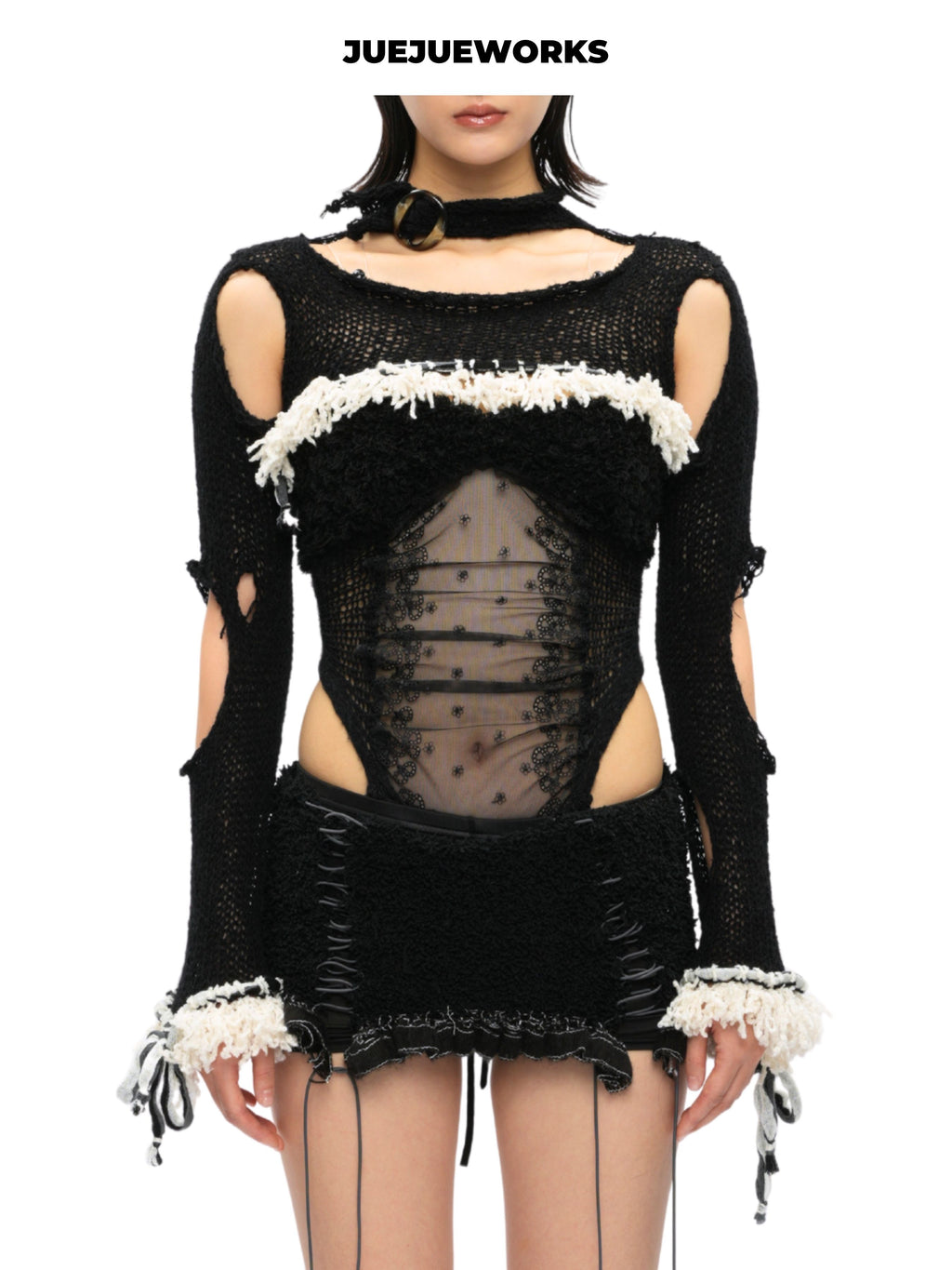 JUEJUEWORKS Black Asymmetric Long Sleeve Top, Original High-Stretch Handmade Yarn Knit Jacket