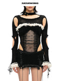 JUEJUEWORKS Black Asymmetric Long Sleeve Top, Original High-Stretch Handmade Yarn Knit Jacket