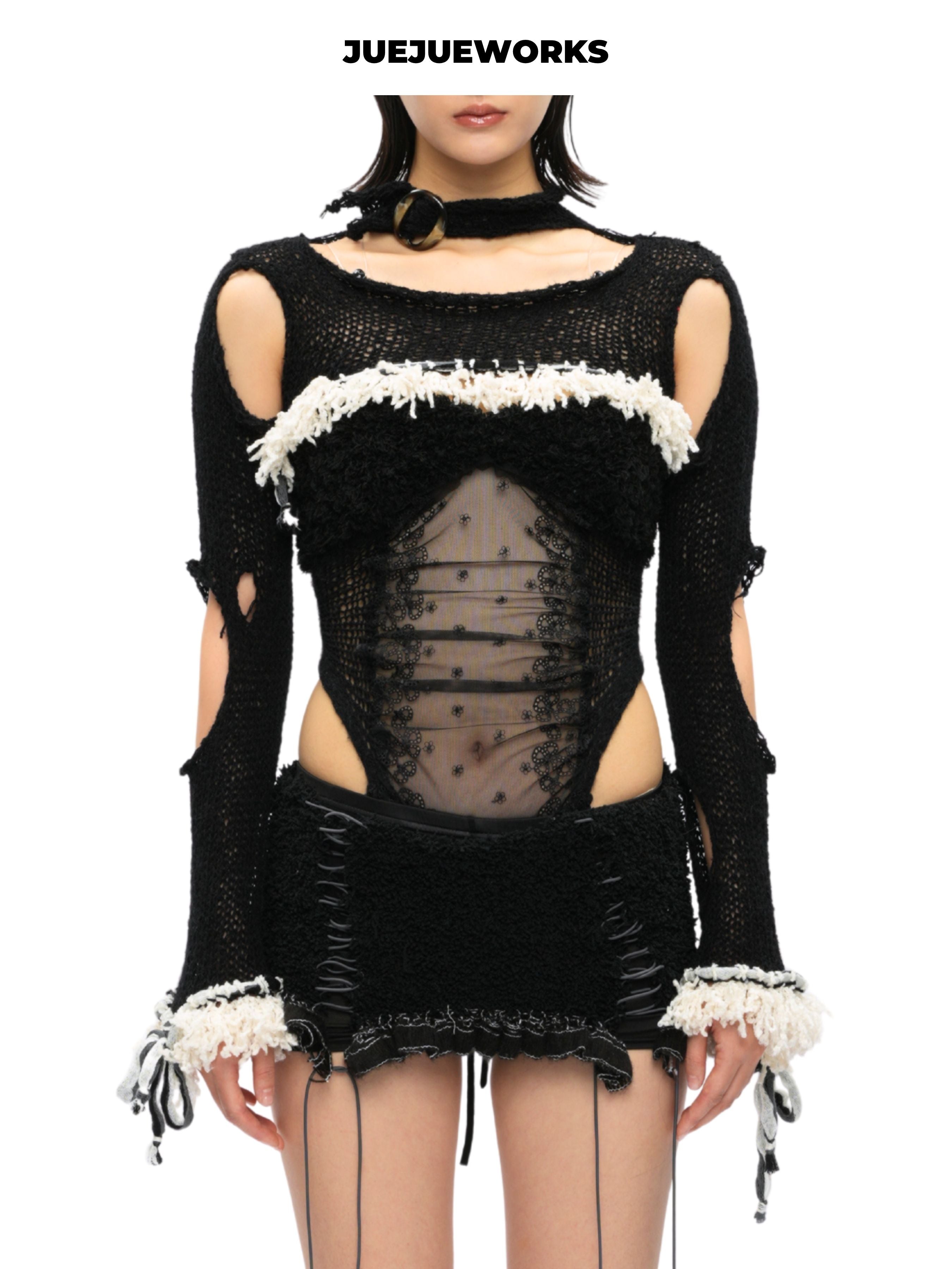 JUEJUEWORKS Black Asymmetric Long Sleeve Top, Original High-Stretch Handmade Yarn Knit Jacket