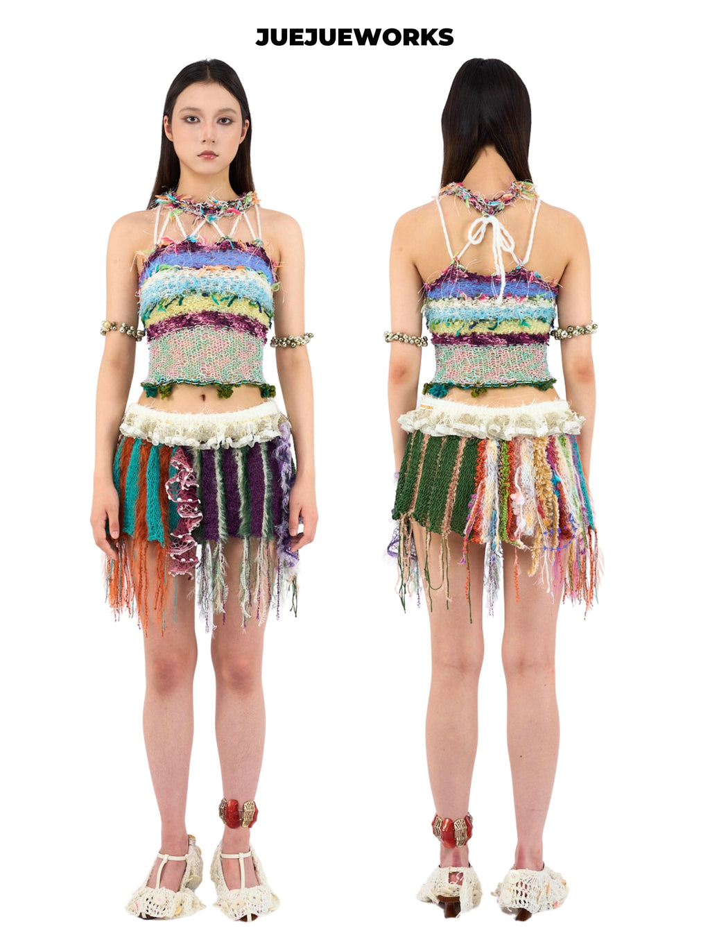 JUEJUEWORKS Multicolor Blue Green Halter Cami, High Stretch Breathable Slim Fit Handmade Yarn Knit
