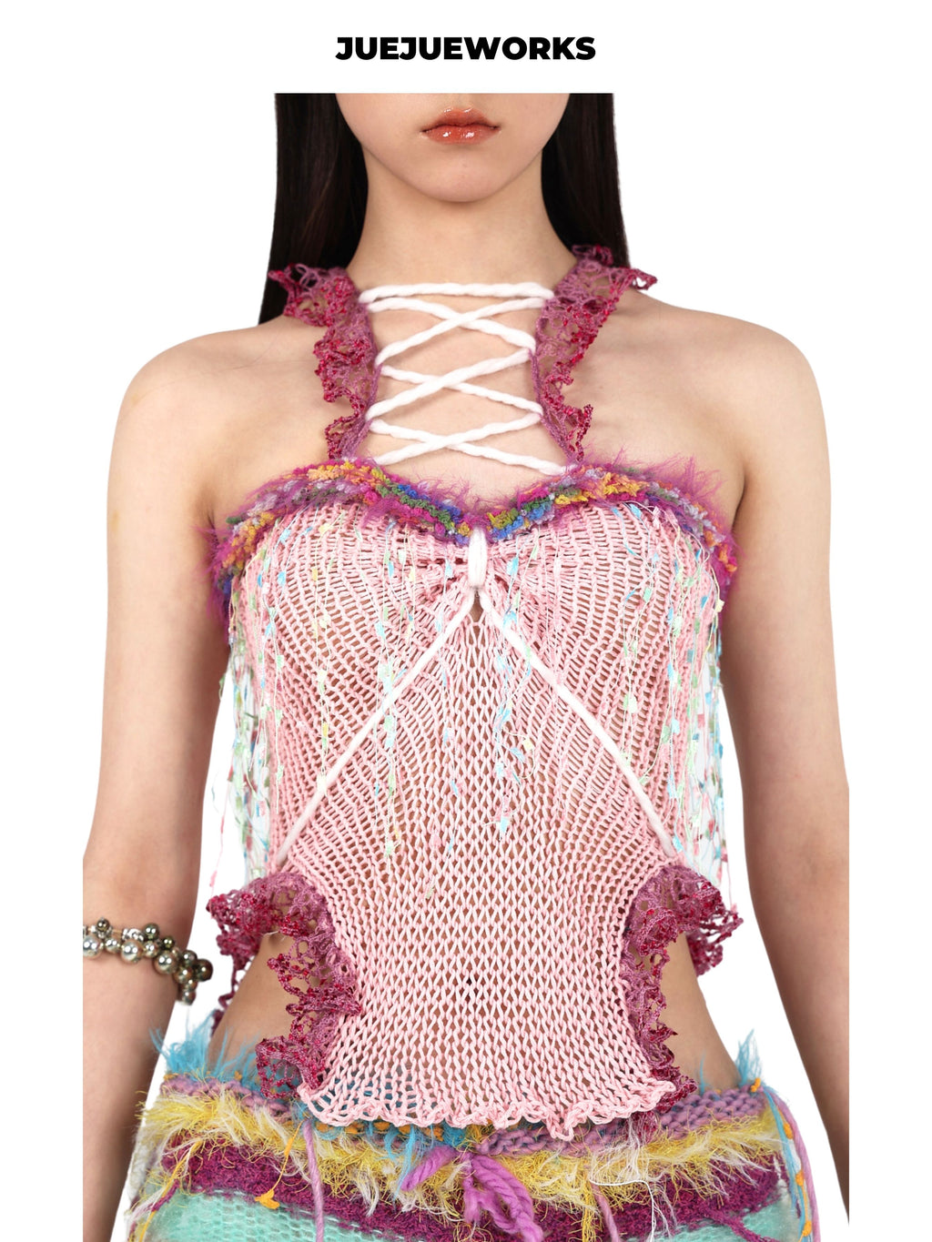 JUEJUEWORKS Pink Fringe Lace Trim Corset Knit Cami, Pastel Hollow Out High Stretch Handmade Yarn Knit Lace Trim Crop Top