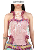 JUEJUEWORKS Pink Fringe Lace Trim Corset Knit Cami, Pastel Hollow Out High Stretch Handmade Yarn Knit Lace Trim Crop Top