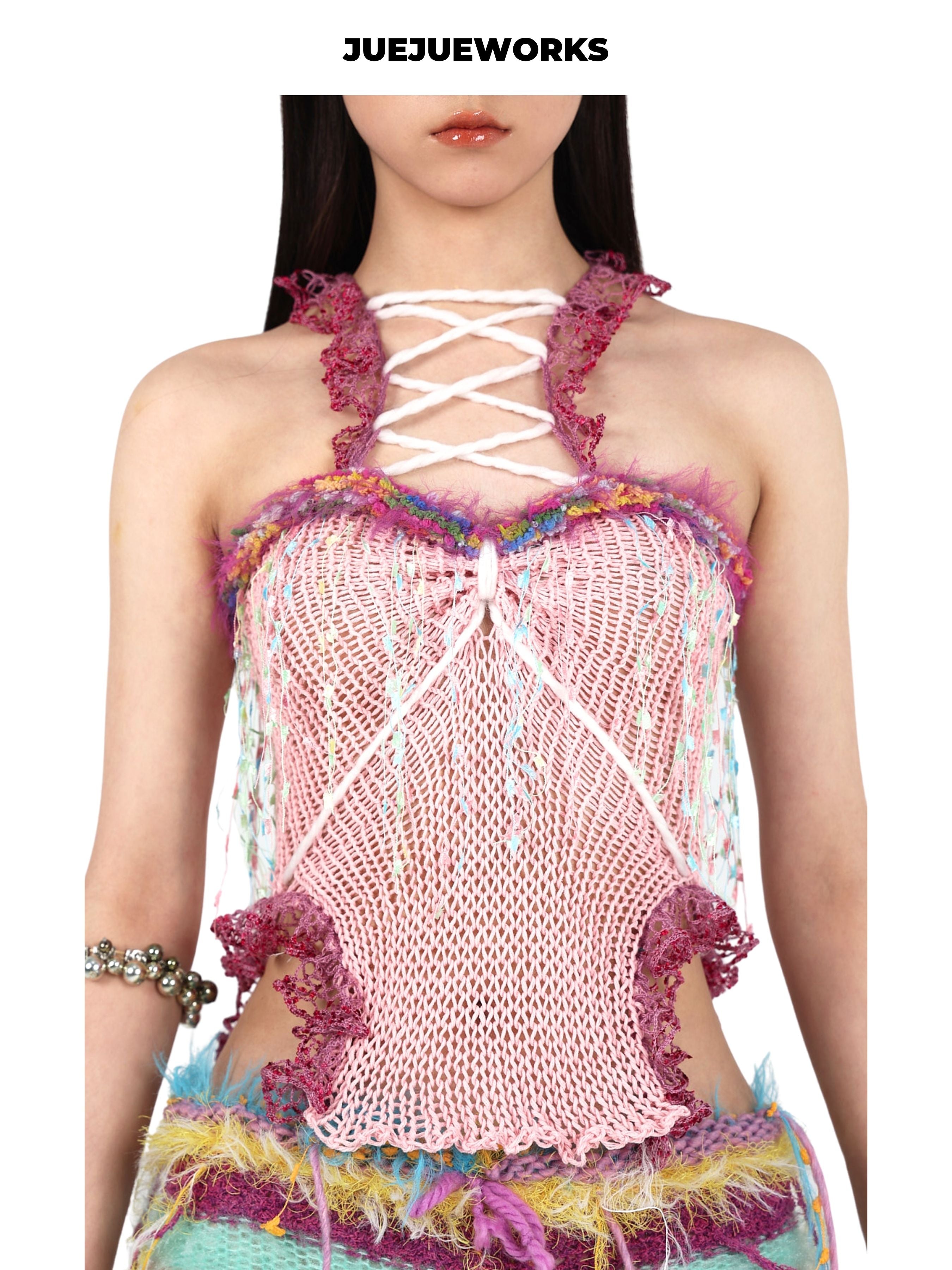 JUEJUEWORKS Pink Fringe Lace Trim Corset Knit Cami, Pastel Hollow Out High Stretch Handmade Yarn Knit Lace Trim Crop Top