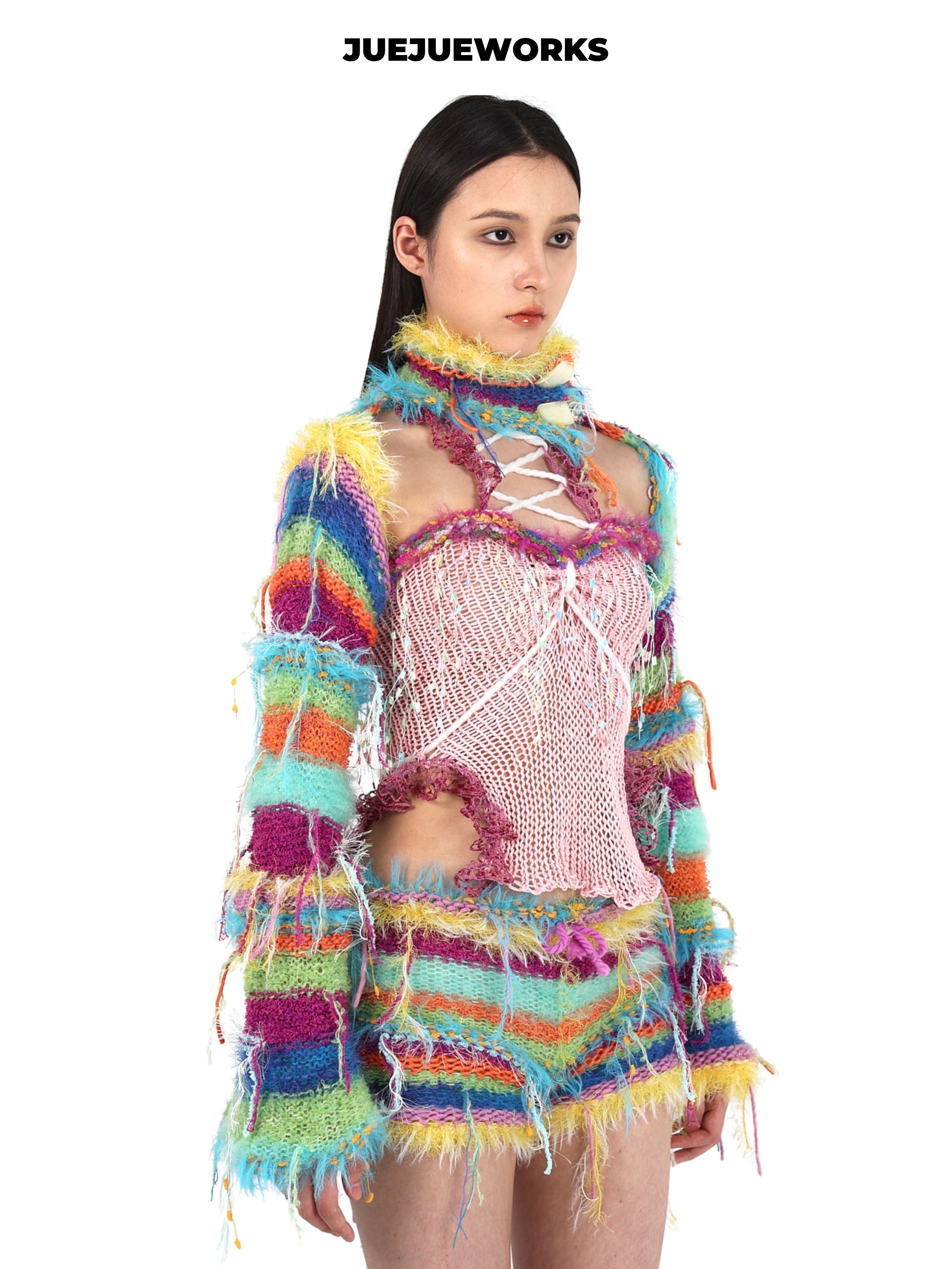 JUEJUEWORKS Fruit Plate Knit Jacket, Original Spring Color Block High-Stretch Handmade Yarn Knit