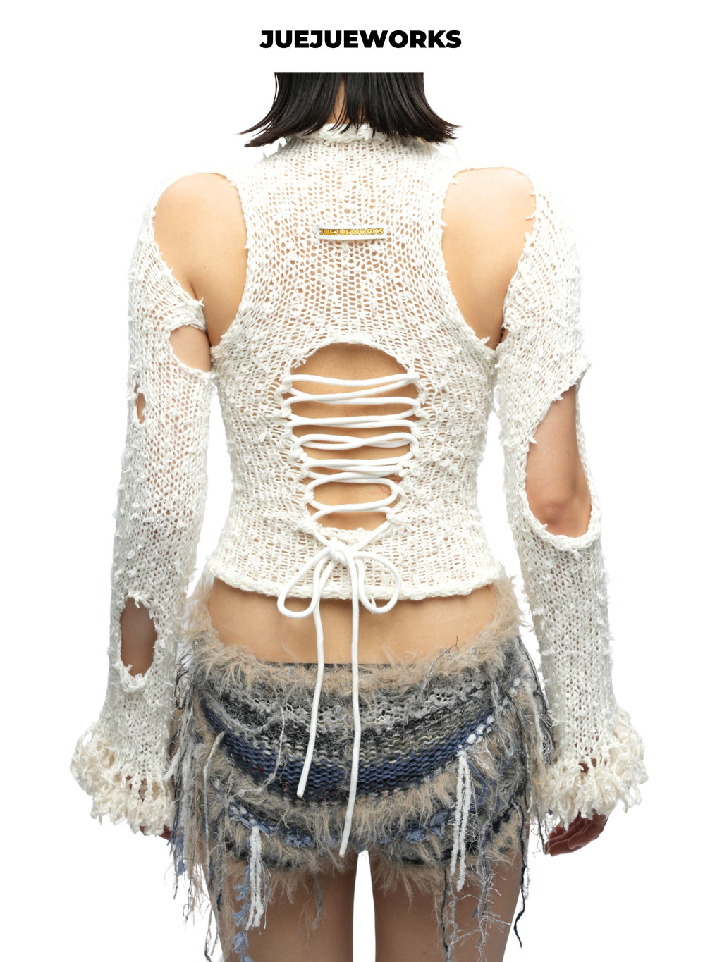 JUEJUEWORKS White Distressed Cutout Lace-Up Long Sleeve Top, Autumn Winter Asymmetric Handmade Yarn Knit Top