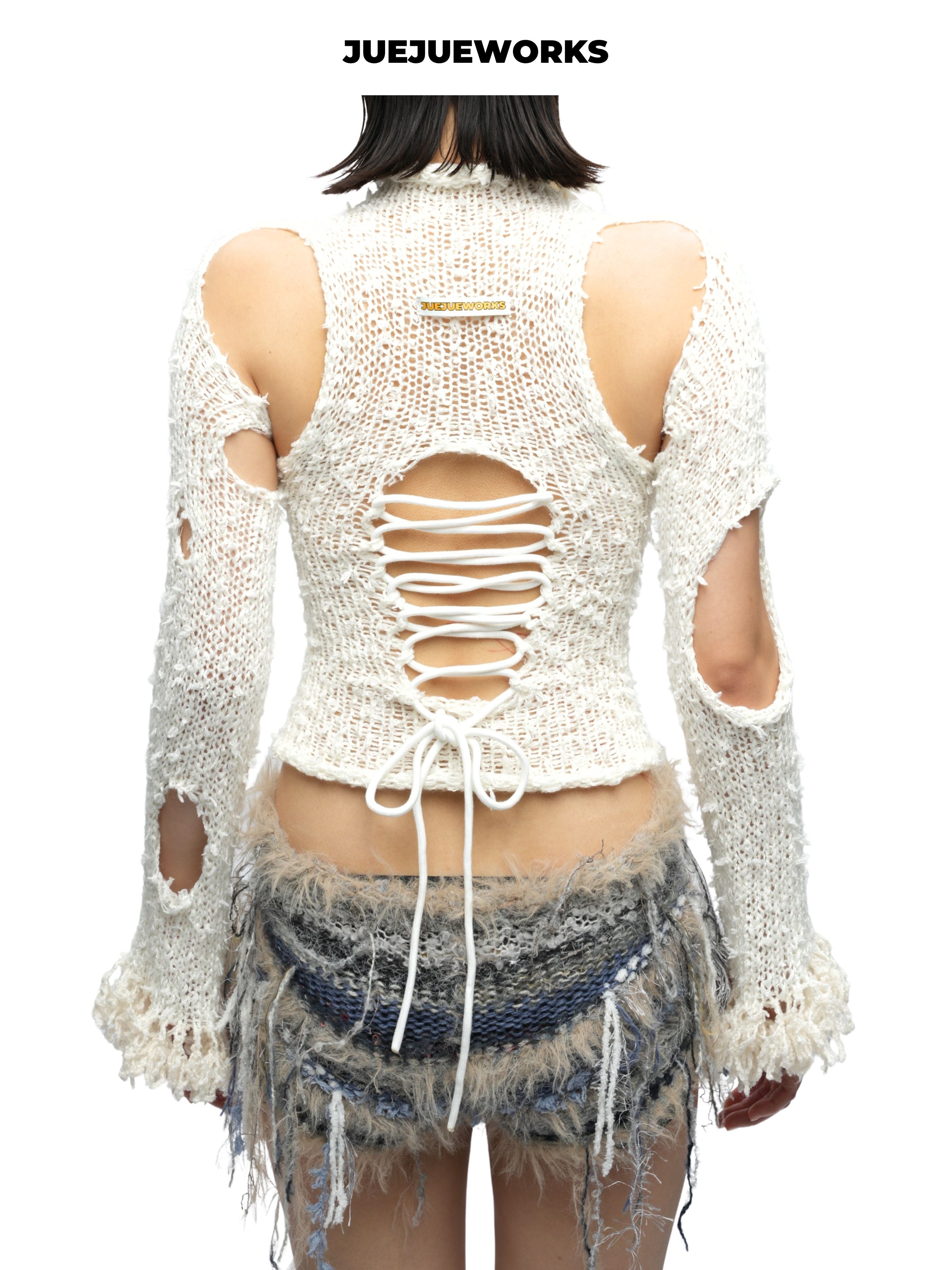 JUEJUEWORKS White Distressed Cutout Lace-Up Long Sleeve Top, Autumn Winter Asymmetric Handmade Yarn Knit Top