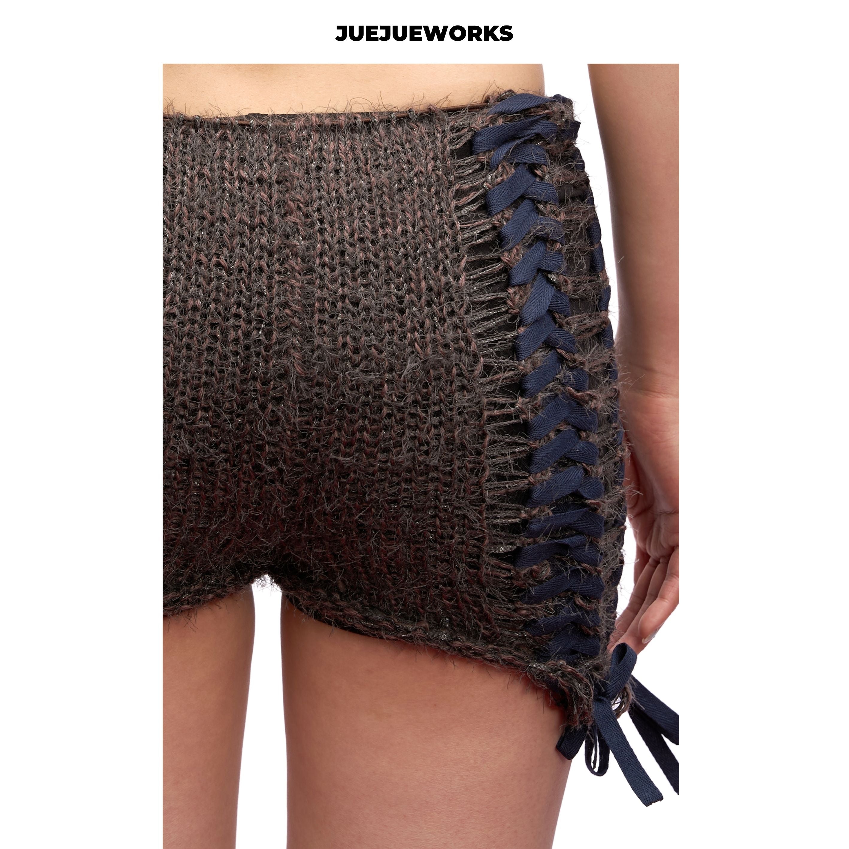JUEJUEWORKS Lace-Up Knit Shorts, Original Spring High Stretch Adjustable Handmade Yarn Knit Shorts