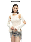 JUEJUEWORKS White Distressed Cutout Lace-Up Long Sleeve Top, Autumn Winter Asymmetric Handmade Yarn Knit Top