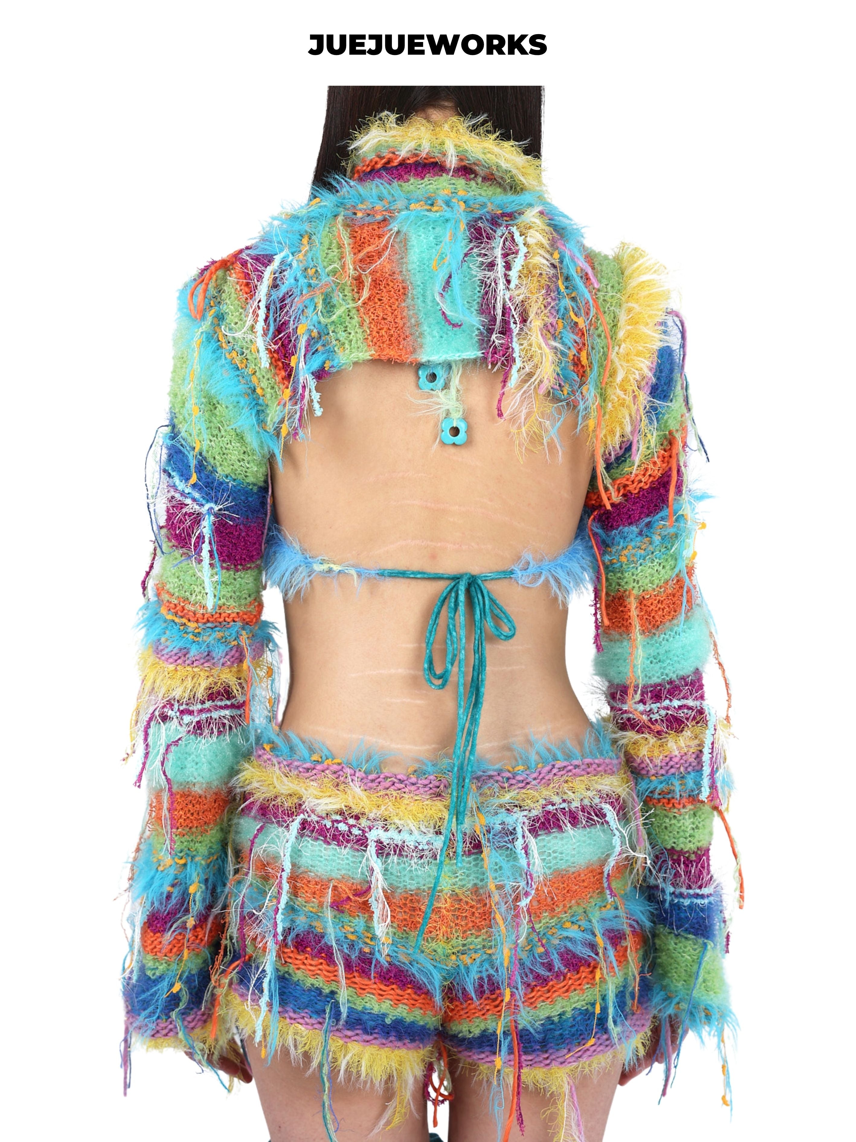 JUEJUEWORKS Fruit Plate Knit Jacket, Original Spring Color Block High-Stretch Handmade Yarn Knit