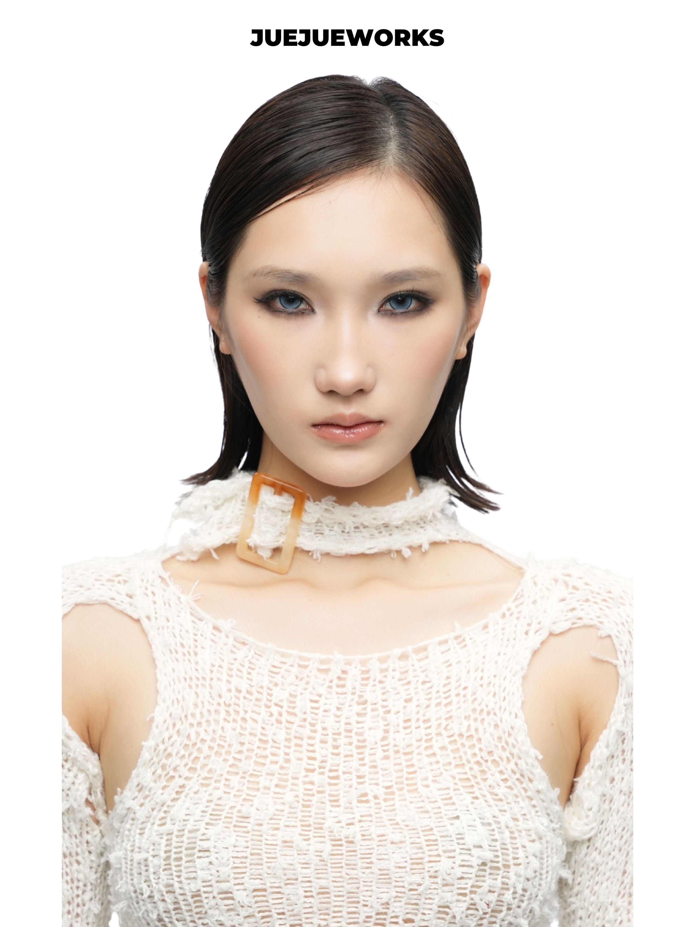 JUEJUEWORKS White Distressed Cutout Lace-Up Long Sleeve Top, Autumn Winter Asymmetric Handmade Yarn Knit Top