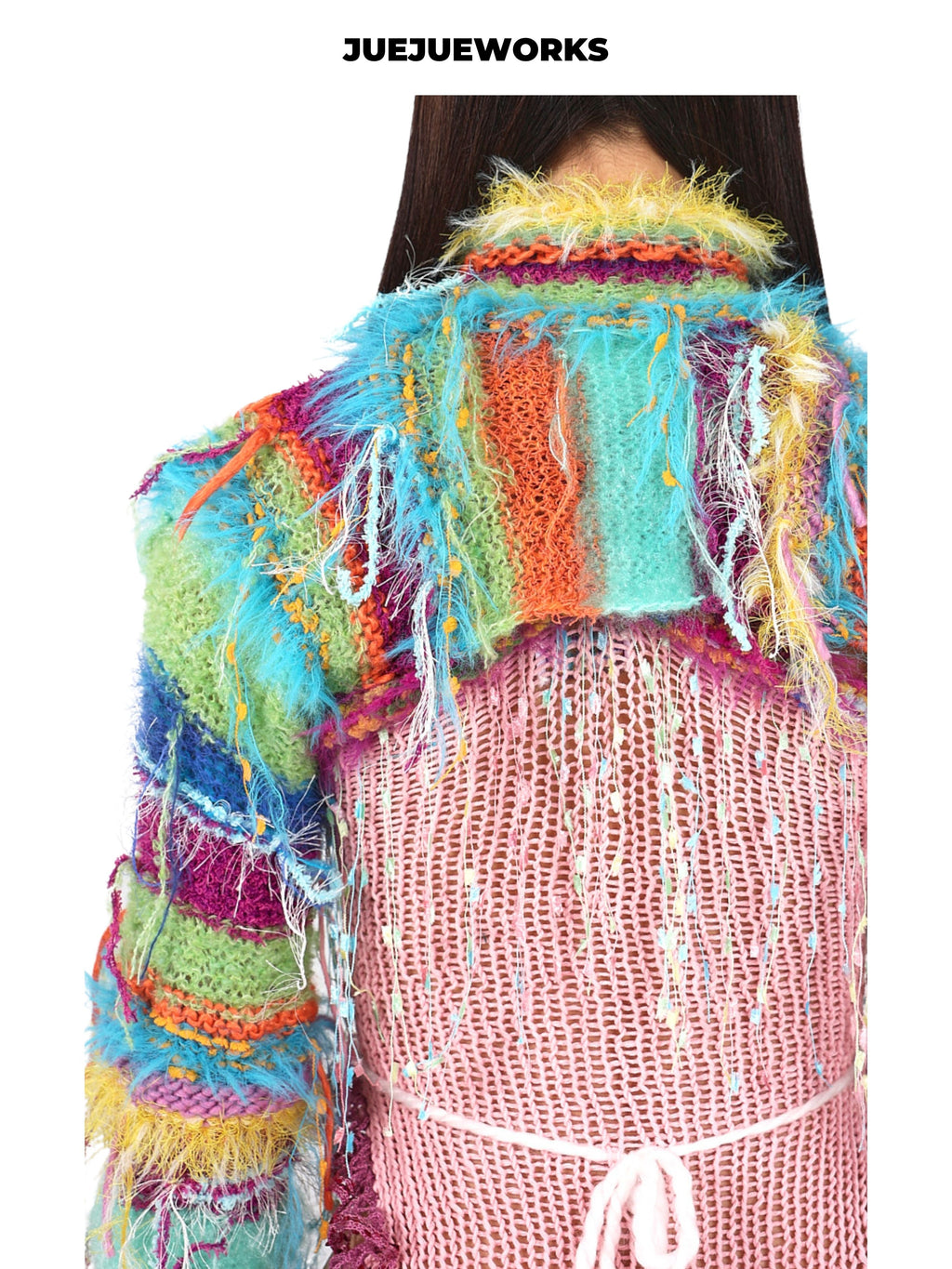 JUEJUEWORKS Fruit Plate Knit Jacket, Original Spring Color Block High-Stretch Handmade Yarn Knit