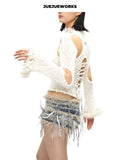 JUEJUEWORKS White Distressed Cutout Lace-Up Long Sleeve Top, Autumn Winter Asymmetric Handmade Yarn Knit Top