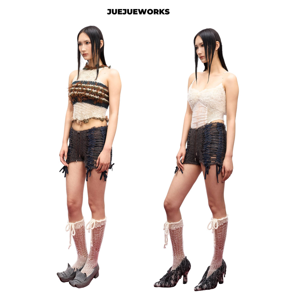 JUEJUEWORKS Lace-Up Knit Shorts, Original Spring High Stretch Adjustable Handmade Yarn Knit Shorts