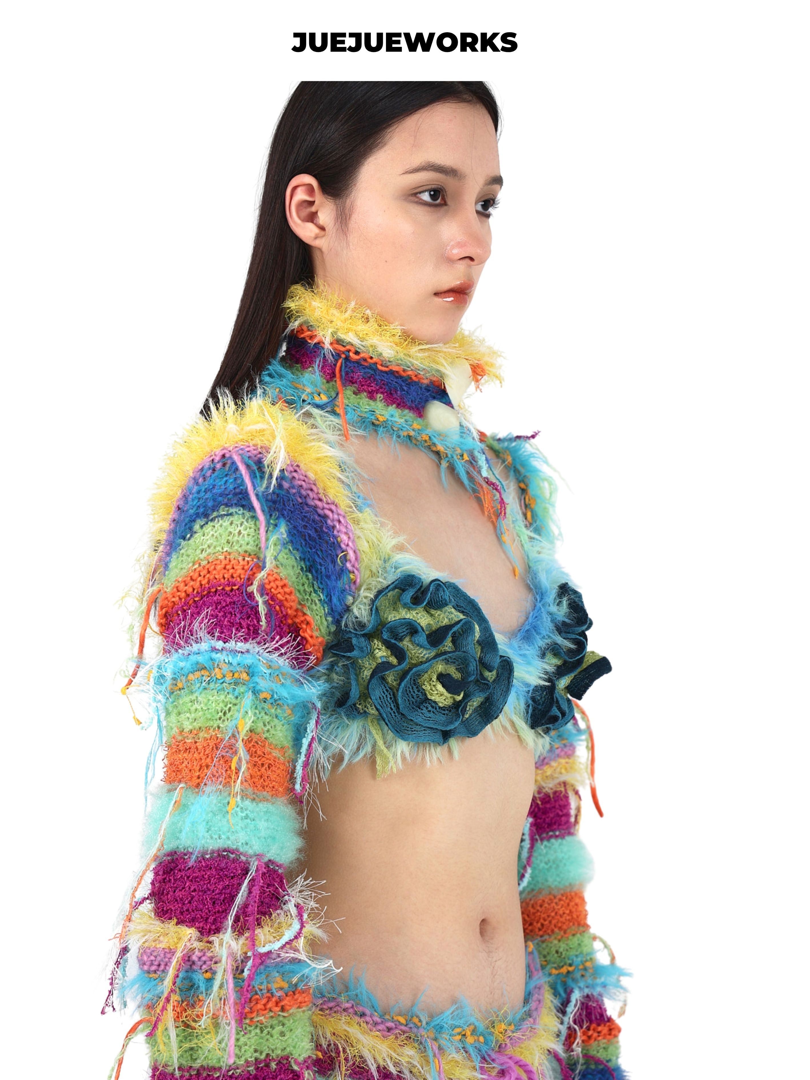 JUEJUEWORKS Fruit Plate Knit Jacket, Original Spring Color Block High-Stretch Handmade Yarn Knit