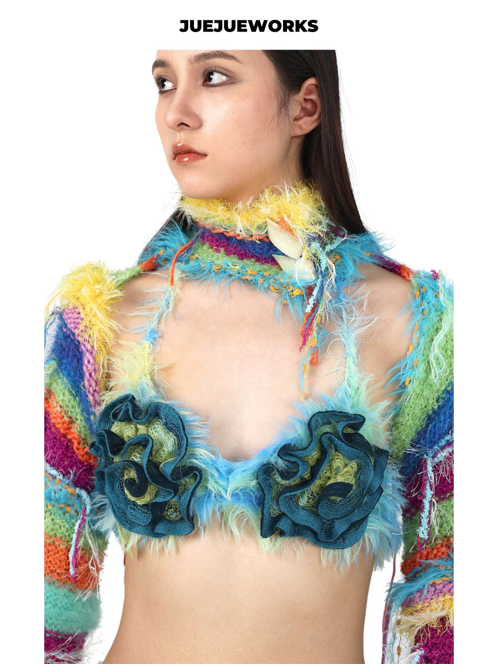 JUEJUEWORKS Fruit Plate Knit Jacket, Original Spring Color Block High-Stretch Handmade Yarn Knit
