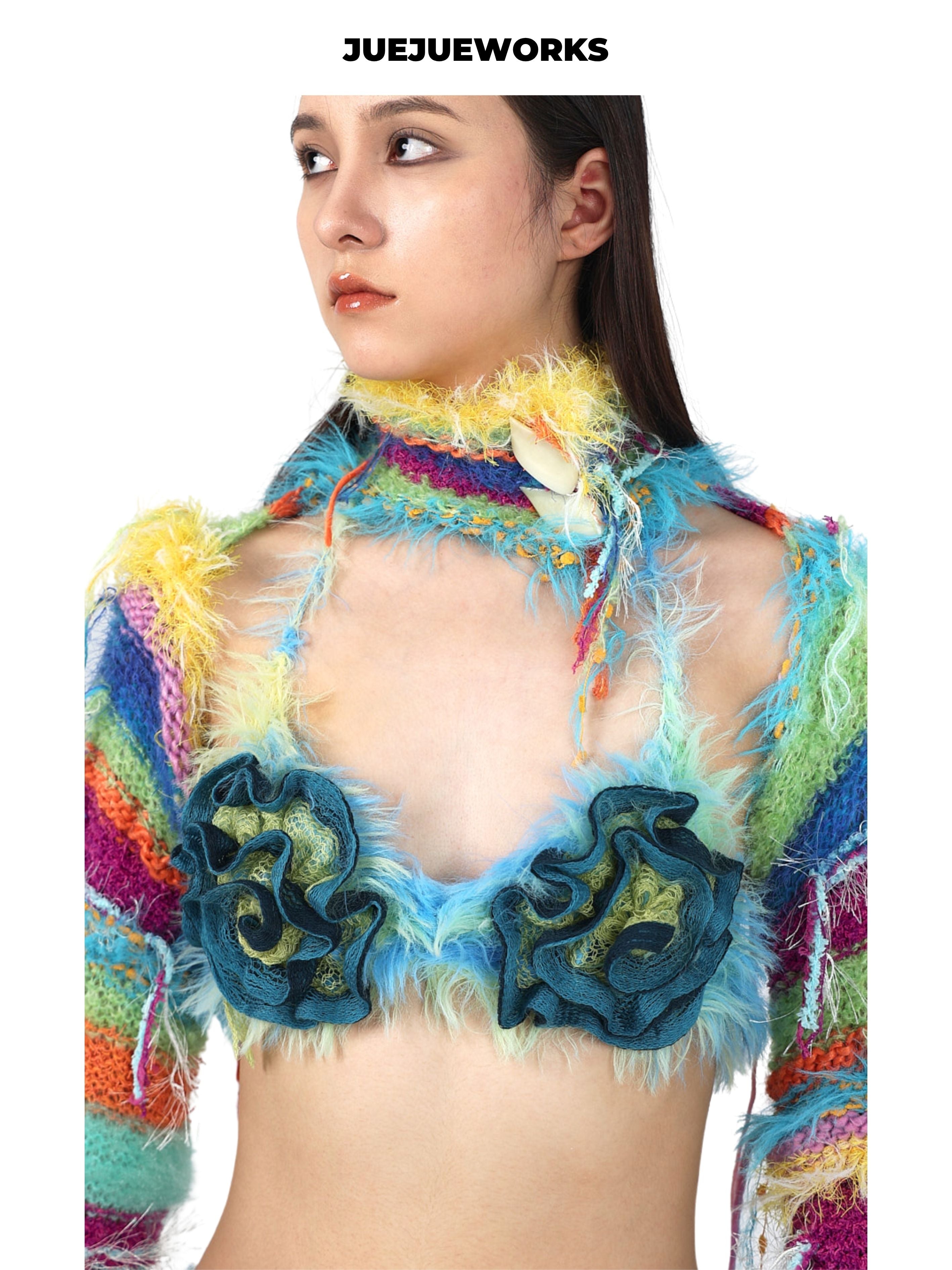 JUEJUEWORKS Fruit Plate Knit Jacket, Original Spring Color Block High-Stretch Handmade Yarn Knit