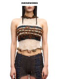 JUEJUEWORKS Retro Stripe Knit Halter Top, Fringe Trim High Stretch Adjustable Handmade Yarn Knit Spring Crop Top