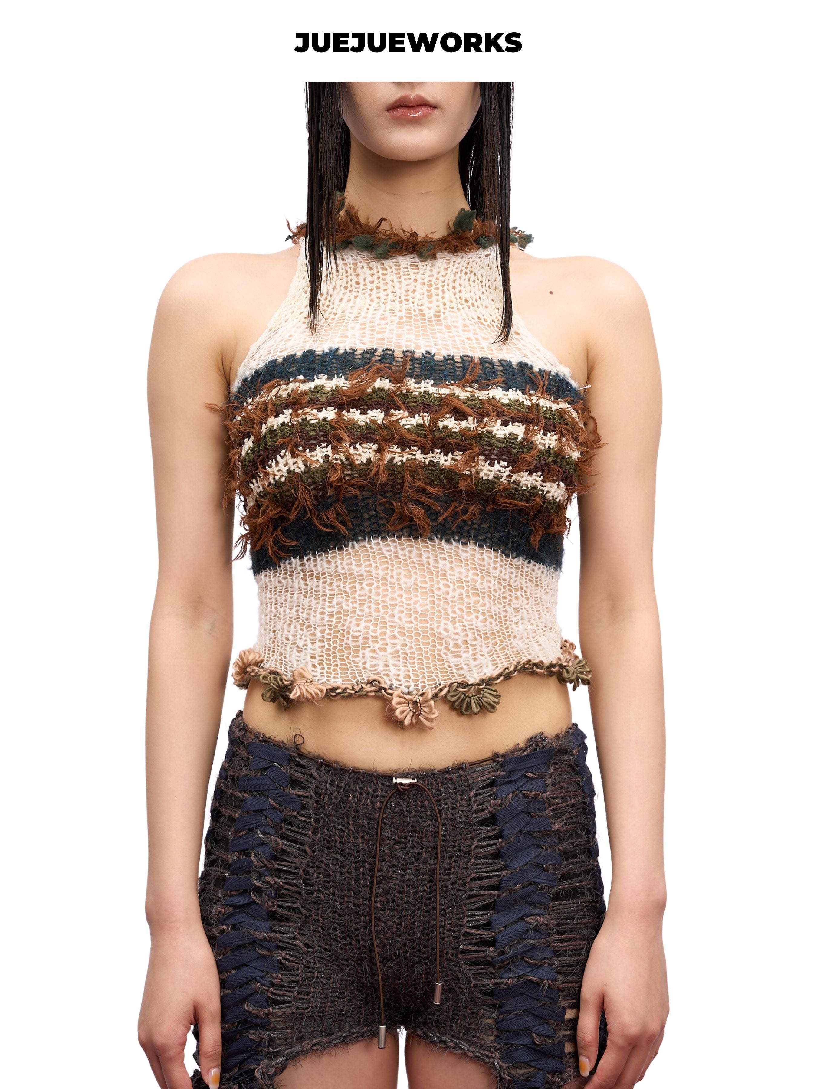 JUEJUEWORKS Retro Stripe Knit Halter Top, Fringe Trim High Stretch Adjustable Handmade Yarn Knit Spring Crop Top