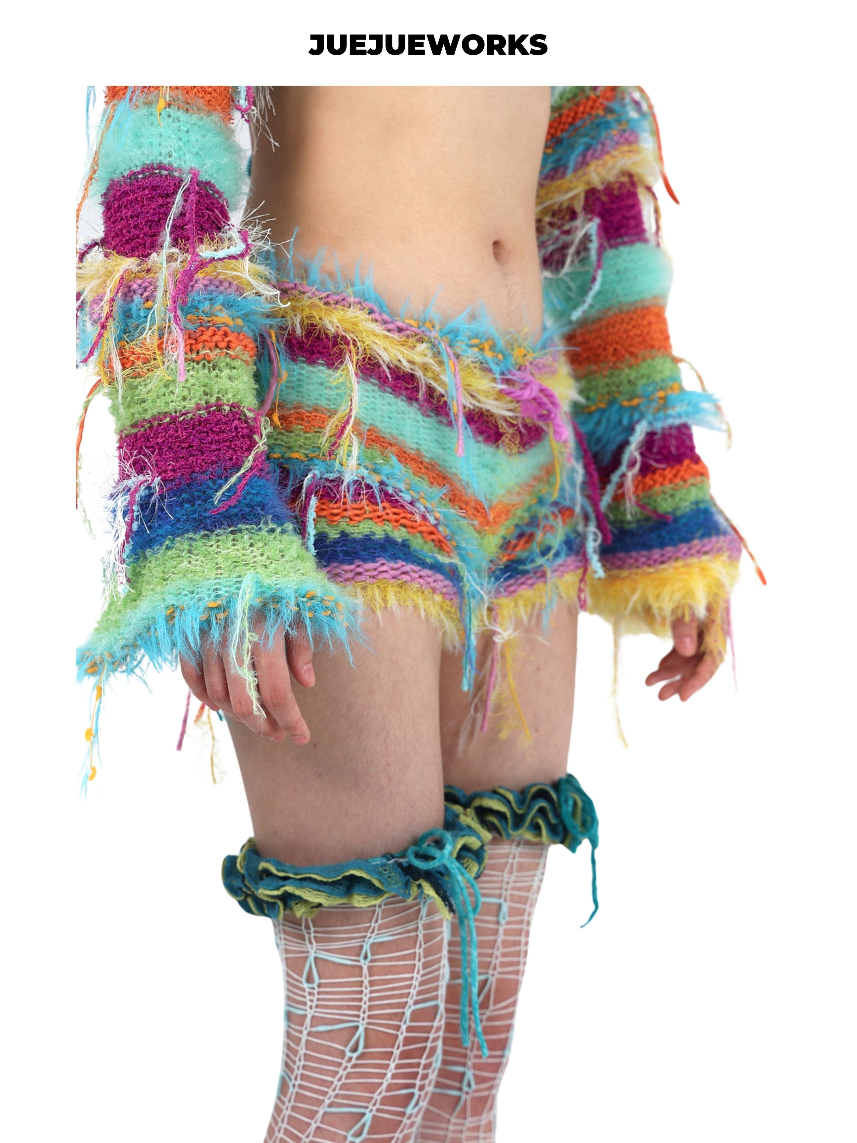 JUEJUEWORKS Fruit Plate Knit Jacket, Original Spring Color Block High-Stretch Handmade Yarn Knit