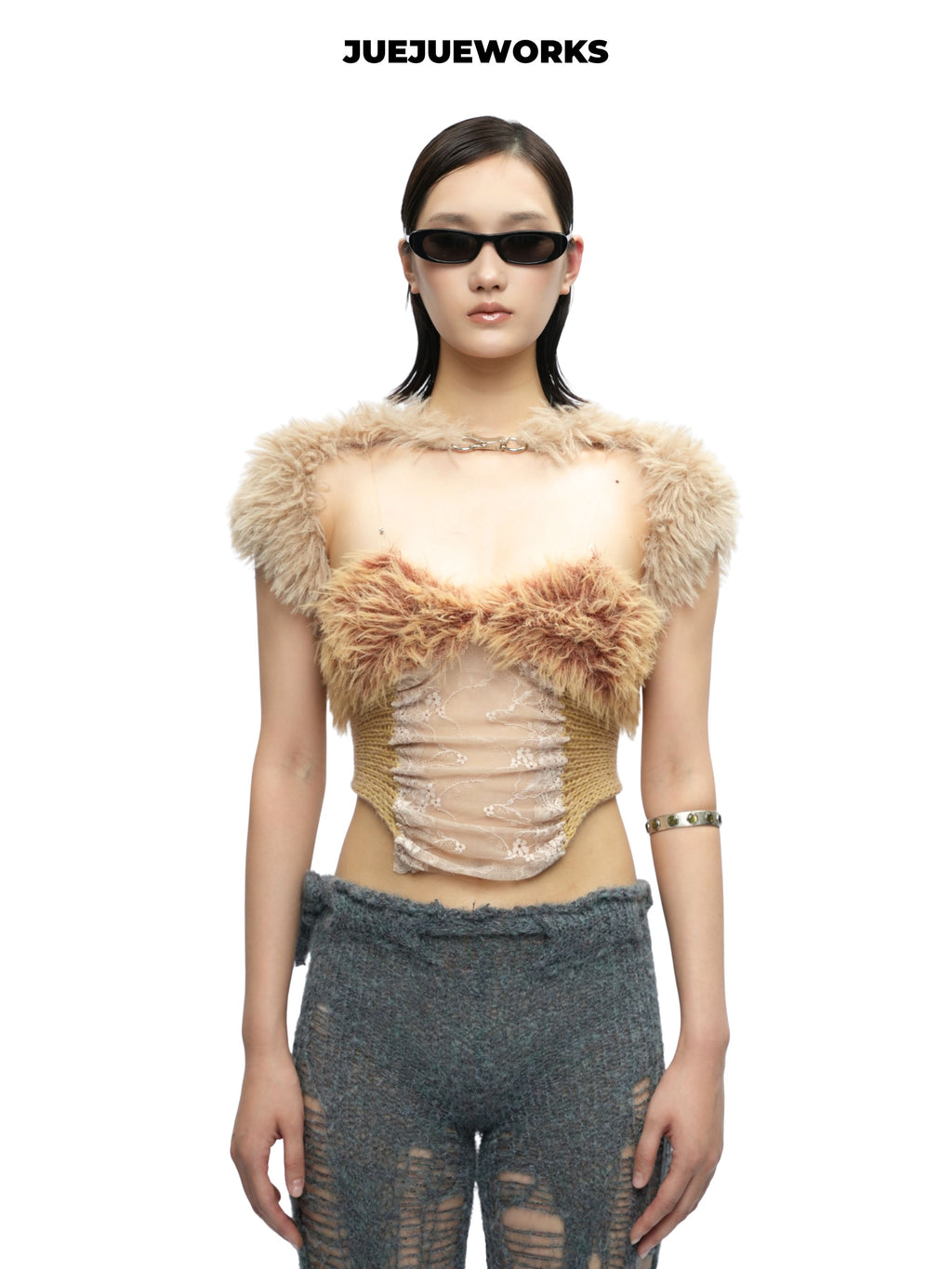 JUEJUEWORKS Alice Fuzzy Shrug Short Sleeve Furry Shawl, Adjustable for Autumn Winter, Handmade Yarn Knit