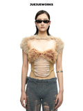 JUEJUEWORKS Alice Fuzzy Shrug Short Sleeve Furry Shawl, Adjustable for Autumn Winter, Handmade Yarn Knit