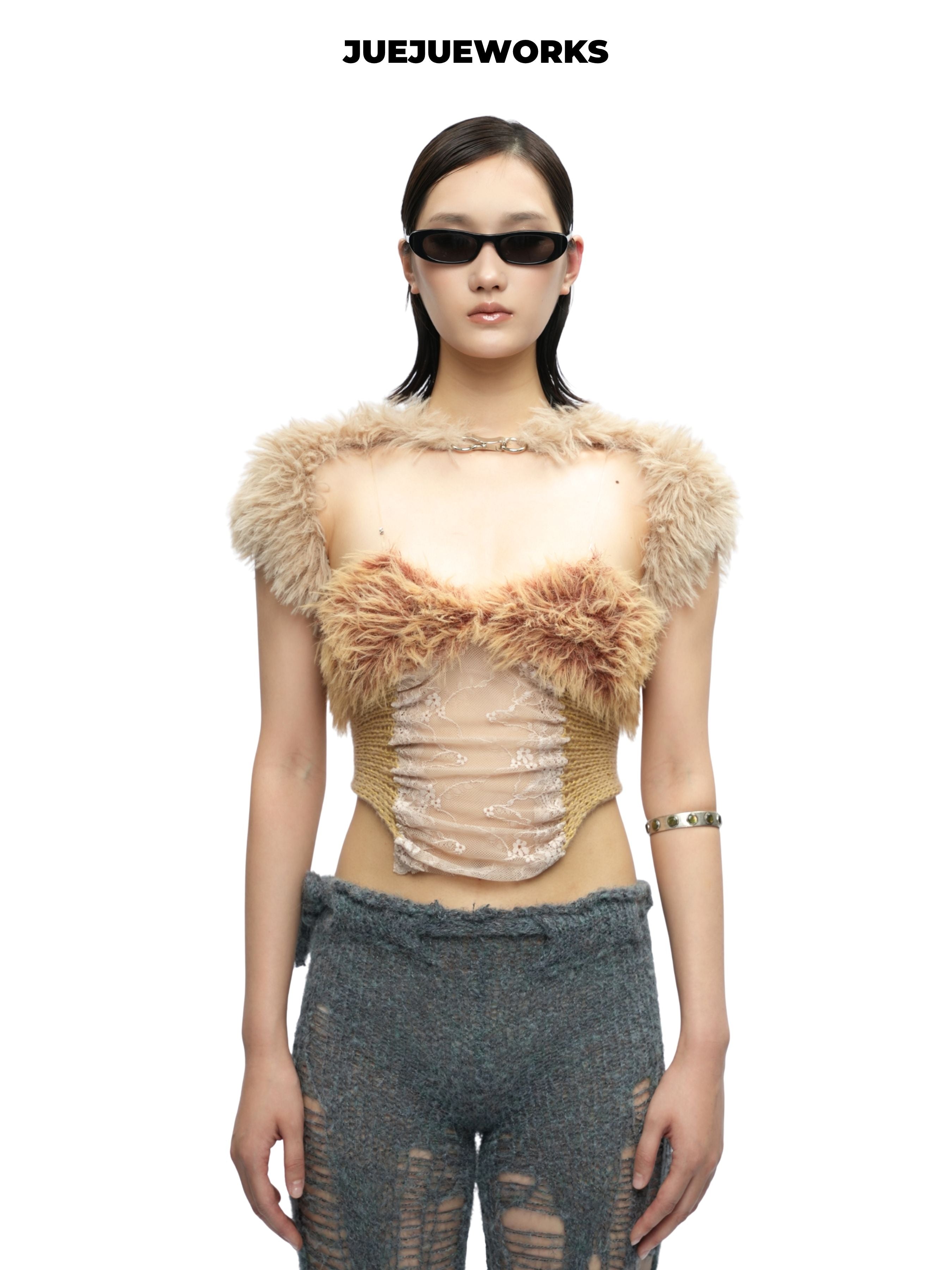 JUEJUEWORKS Alice Fuzzy Shrug Short Sleeve Furry Shawl, Adjustable for Autumn Winter, Handmade Yarn Knit