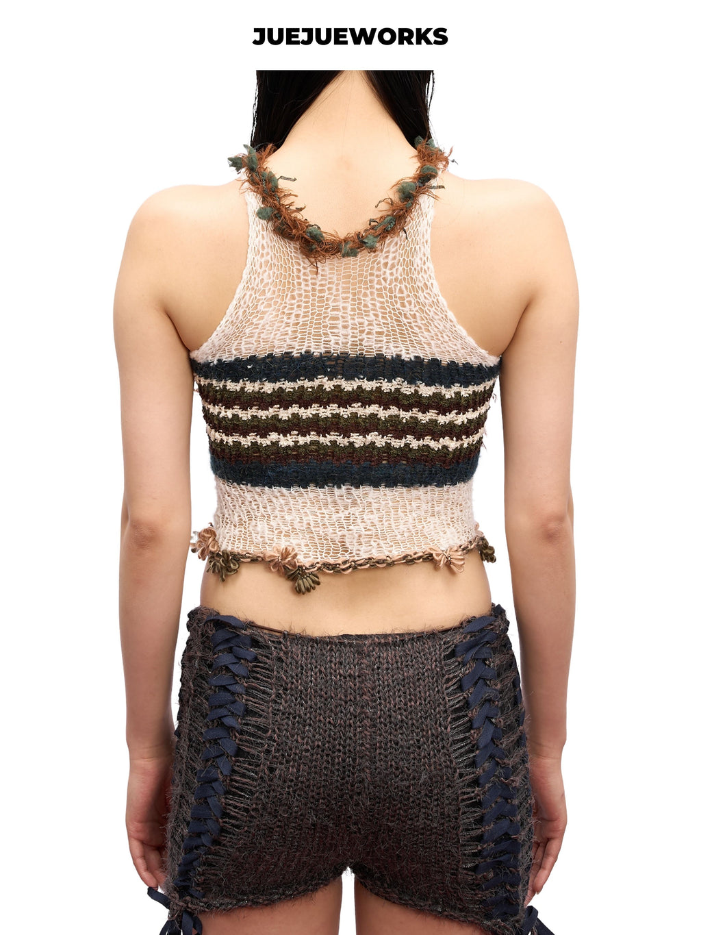 JUEJUEWORKS Retro Stripe Knit Halter Top, Fringe Trim High Stretch Adjustable Handmade Yarn Knit Spring Crop Top