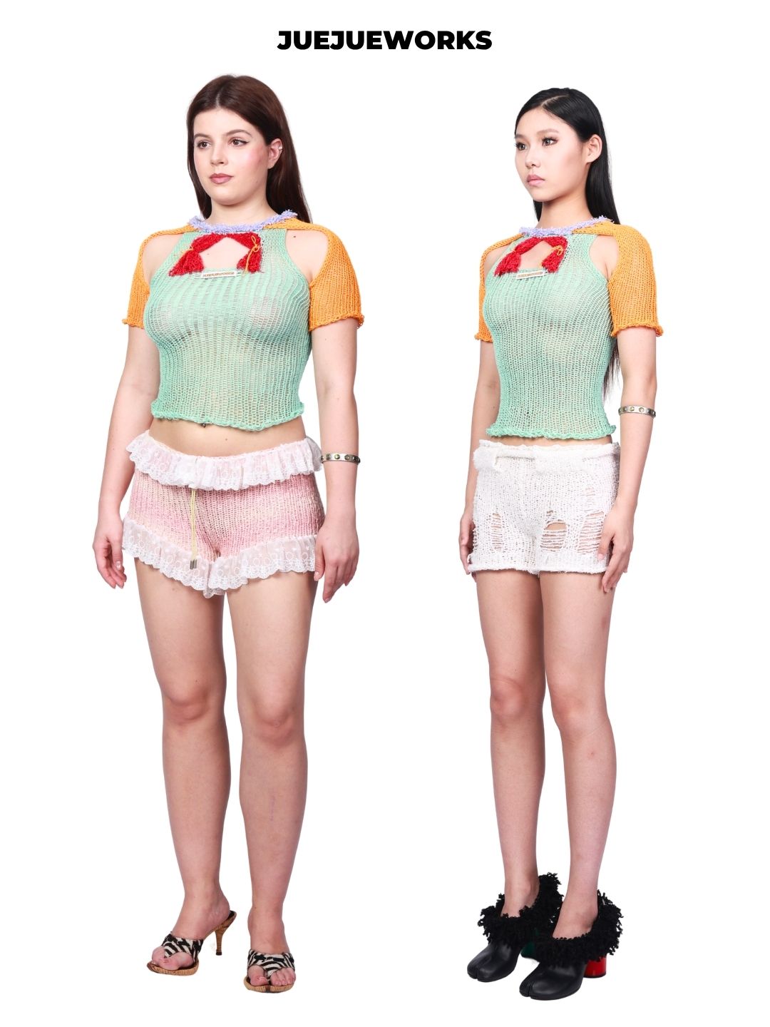 JUEJUEWORKS Green Orange Plus Size Short Sleeve Top, Color Block Contrast, Original Design, Hand-Knitted Knitwear