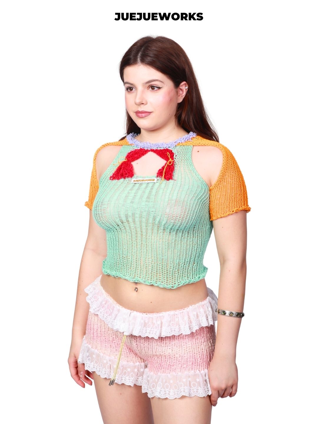 JUEJUEWORKS Green Orange Plus Size Short Sleeve Top, Color Block Contrast, Original Design, Hand-Knitted Knitwear