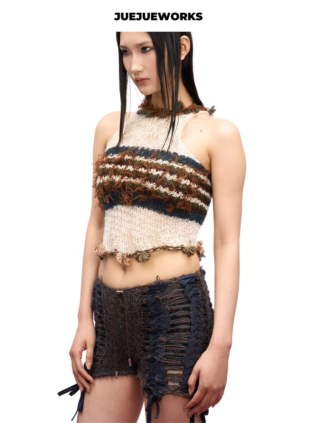JUEJUEWORKS Retro Stripe Knit Halter Top, Fringe Trim High Stretch Adjustable Handmade Yarn Knit Spring Crop Top