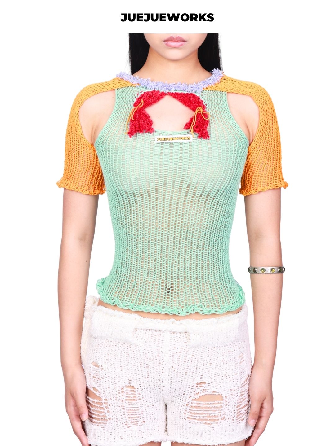 JUEJUEWORKS Green Orange Plus Size Short Sleeve Top, Color Block Contrast, Original Design, Hand-Knitted Knitwear