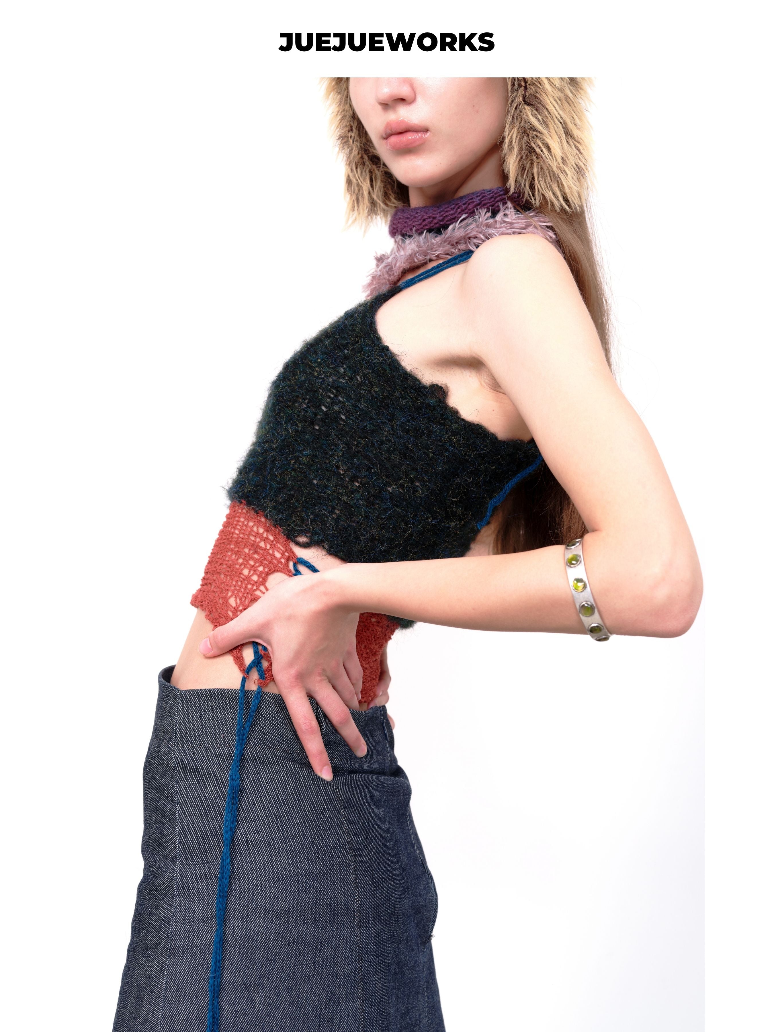 JUEJUEWORKS Furry Collar Neck Warmer Cami Vest, Side Lace-Up Waist Handmade Knit Crop Top