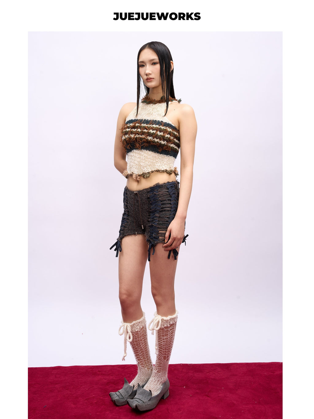 JUEJUEWORKS Retro Stripe Knit Halter Top, Fringe Trim High Stretch Adjustable Handmade Yarn Knit Spring Crop Top