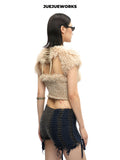 JUEJUEWORKS Alice Fuzzy Shrug Short Sleeve Furry Shawl, Adjustable for Autumn Winter, Handmade Yarn Knit