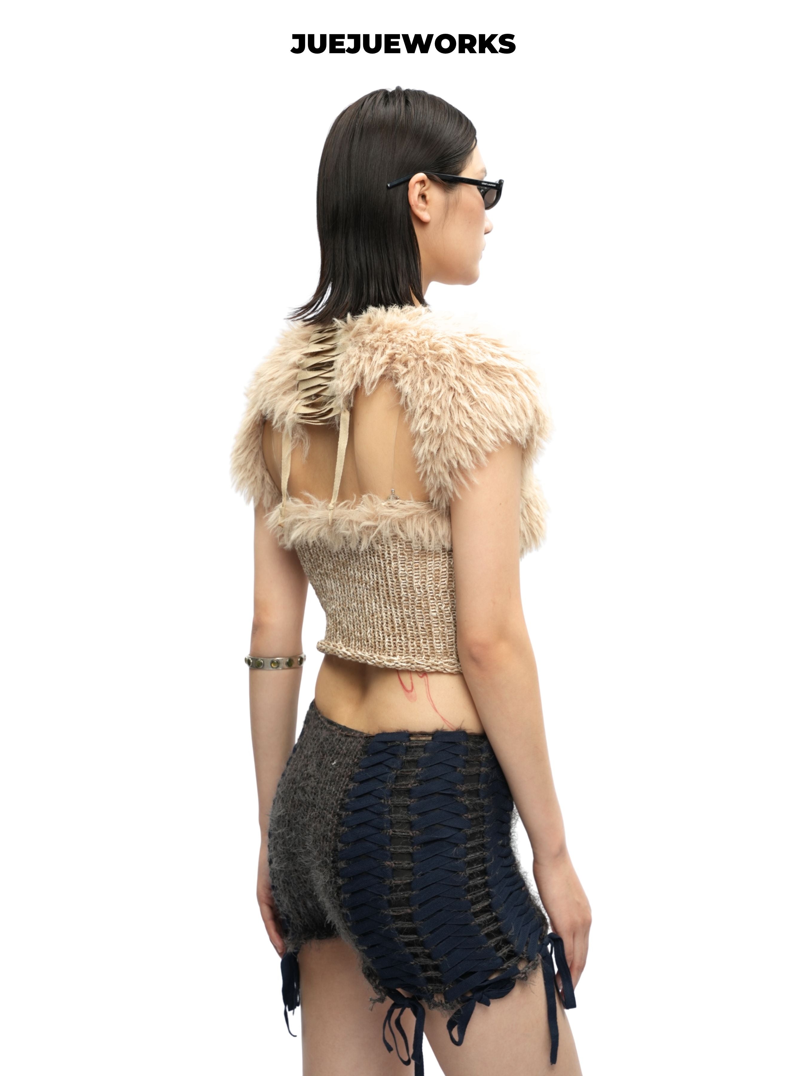 JUEJUEWORKS Alice Fuzzy Shrug Short Sleeve Furry Shawl, Adjustable for Autumn Winter, Handmade Yarn Knit