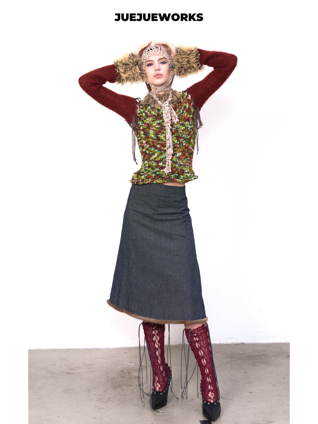 JUEJUEWORKS Christmas Color Block Knit Sweater, Furry Collar Cutout Shoulder Slim Fit High Stretch Handmade Knit Top
