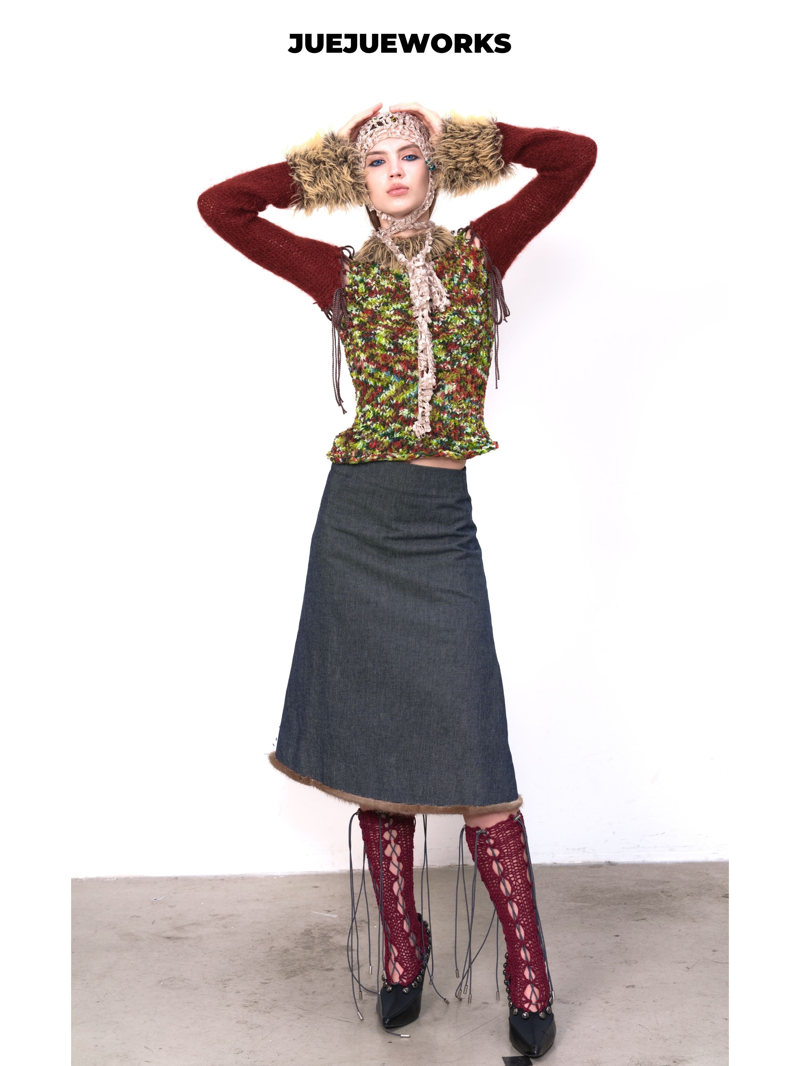 JUEJUEWORKS Christmas Color Block Knit Sweater, Furry Collar Cutout Shoulder Slim Fit High Stretch Handmade Knit Top