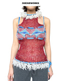 JUEJUEWORKS Red White Sea Salt Knit Halter Top, High Stretch Adjustable Handmade Yarn Knit Cami