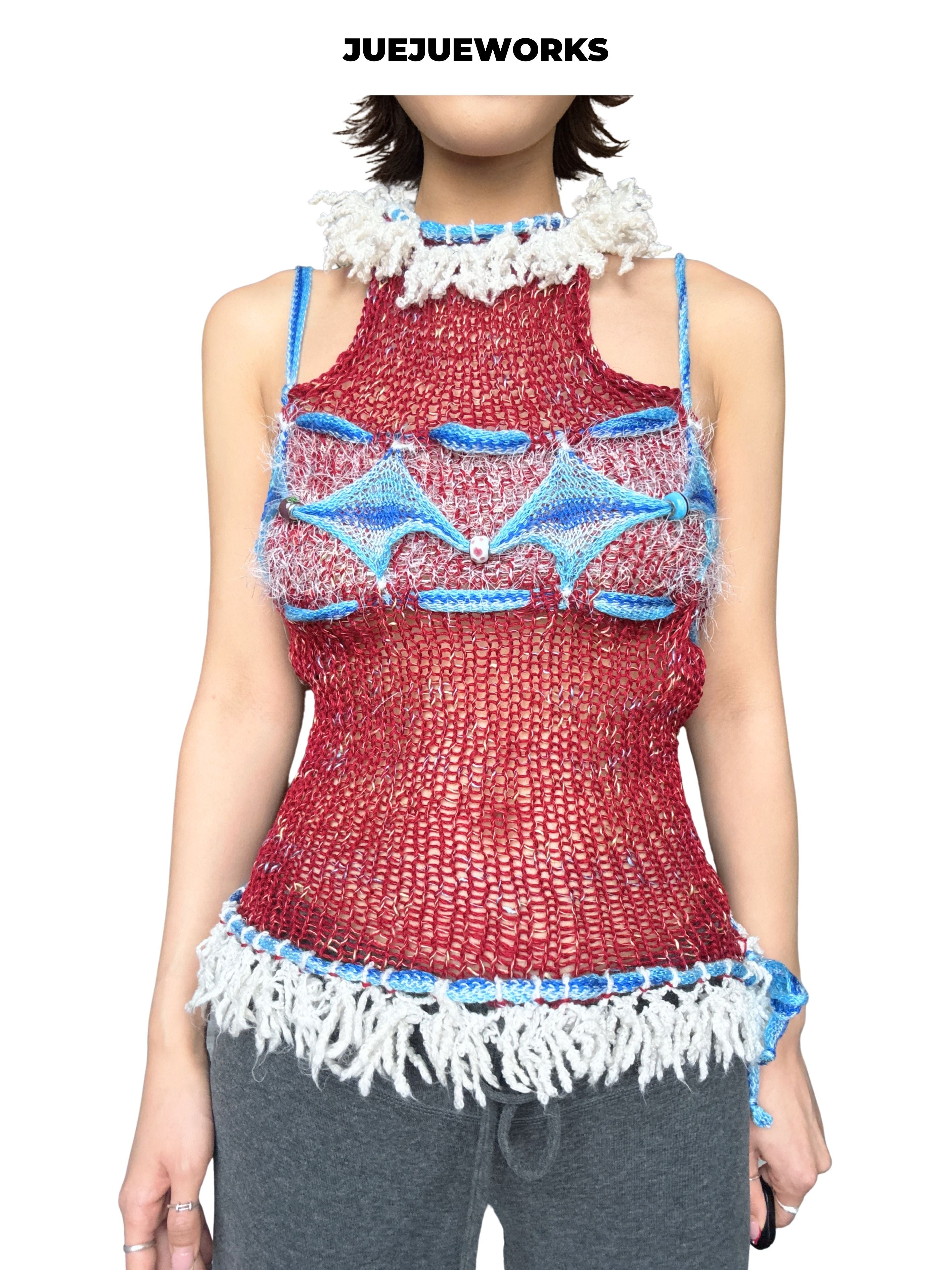 JUEJUEWORKS Red White Sea Salt Knit Halter Top, High Stretch Adjustable Handmade Yarn Knit Cami