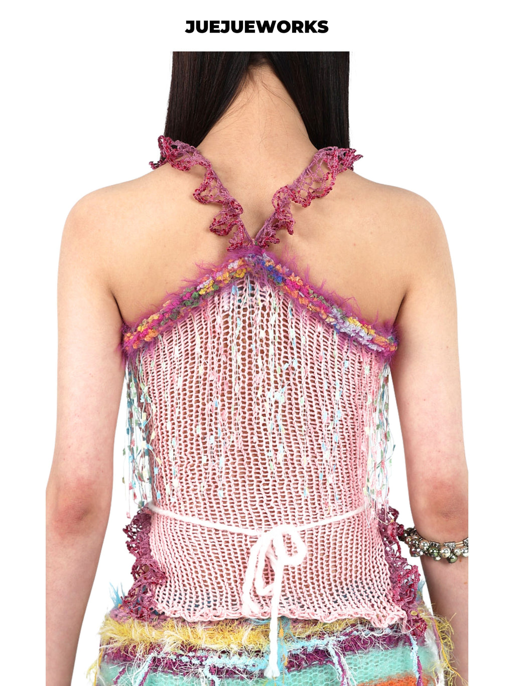 JUEJUEWORKS Pink Fringe Lace Trim Corset Knit Cami, Pastel Hollow Out High Stretch Handmade Yarn Knit Lace Trim Crop Top